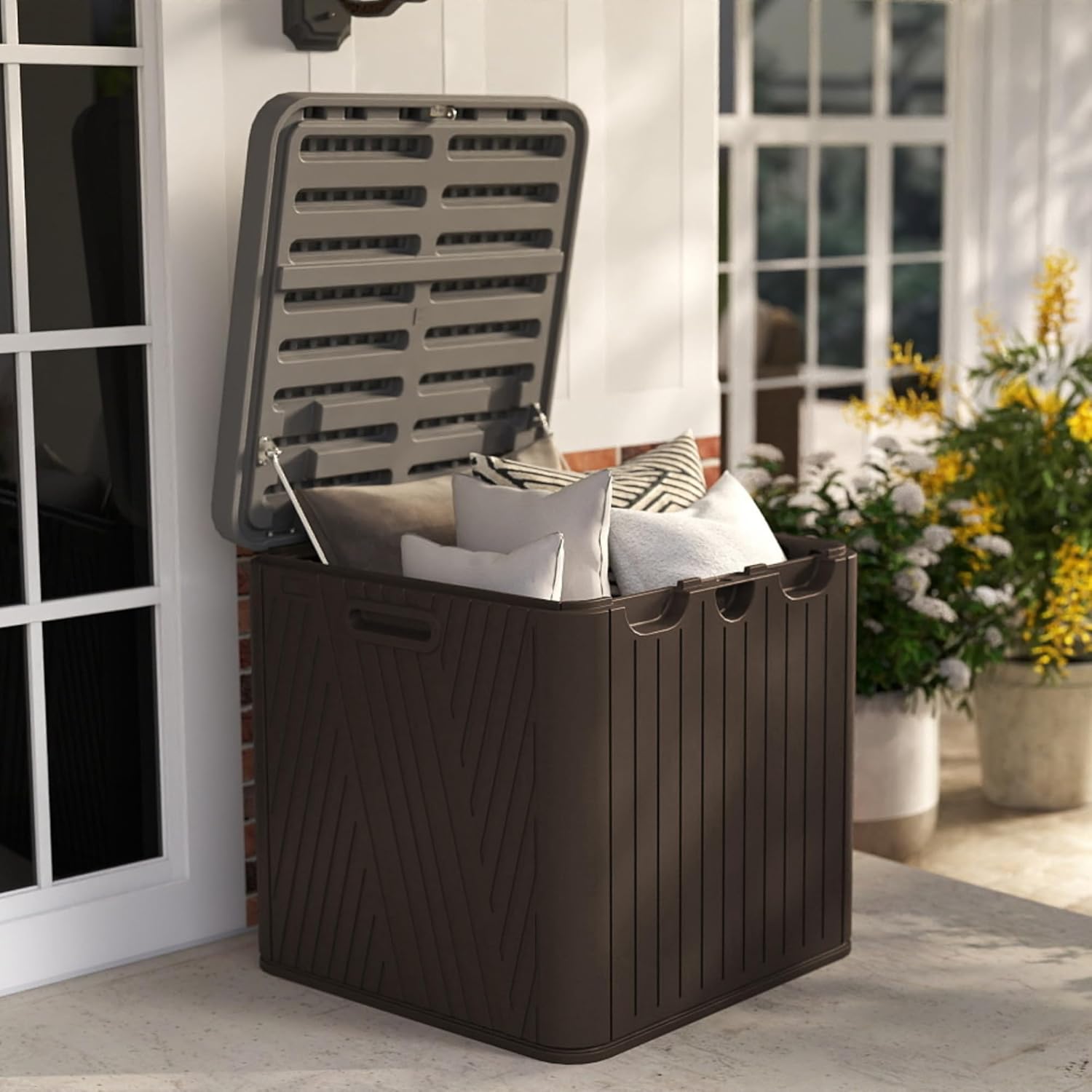 60 Gallon Outdoor Storage Box, Waterproof Patio Deck Box with Lockable Lid, Heavy-Duty HDPE Bench for Garden Tools, Cushions (Black, 60 Gallon)