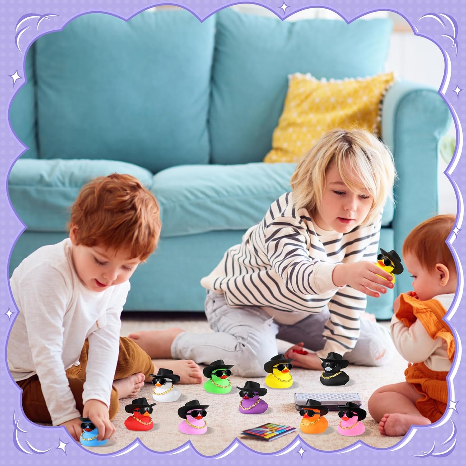 Sotiff 48 Sets Rubber Duck Squeaky Duck Party Duckies Car Dashboard Decorations with Mini Necklace Hat and Sunglasses for Shower Birthday Swimming Party(Cute Color)