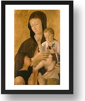 madonna with child & two donors by G.Bellini, vintage art, reproduction print in A224x17 Black Frame