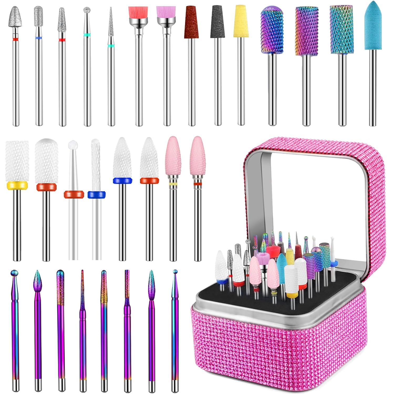 30Pcs Nail Drill Bits Set with Rhinestone Storage Box, 3/32 Inch Ceramic Diamond Carbide Nail Drill Bits for Acrylic Gel Polish, Cuticle Efile Remover for Manicure (Pink) 30Pcs Nail Drill Bits Set with Rhinestone Storage Box, 3/32 Inch Ceramic Diamond Carbide Nail Drill Bits for Acrylic Gel Polish, Cuticle Efile Remover for Manicure (Pink)