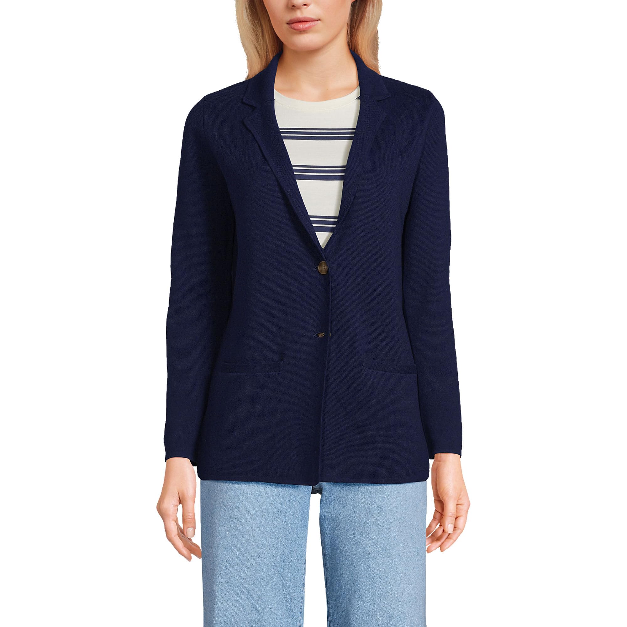 Lands End Womens Fine Gauge Cotton Button Front Blazer Sweater
