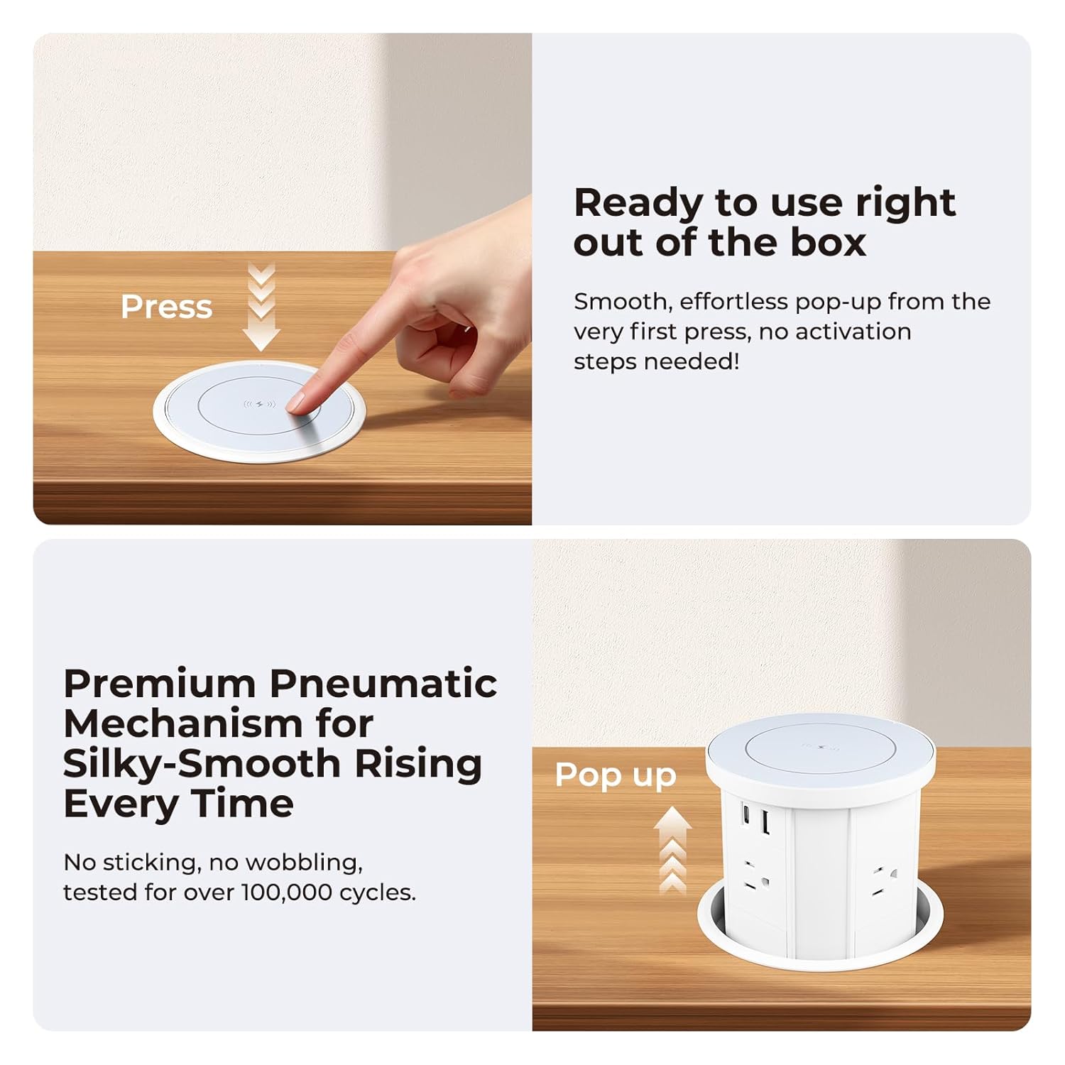 Pop Up Outlet for Countertop with 15W Wireless Charger, Recessed Desk Grommet Pop up Electrical Outlet for Kitchen & Office, 4 AC & 4 USB (2 USB-C), 16A Overload Protection, Fits 4.92" Hole, White