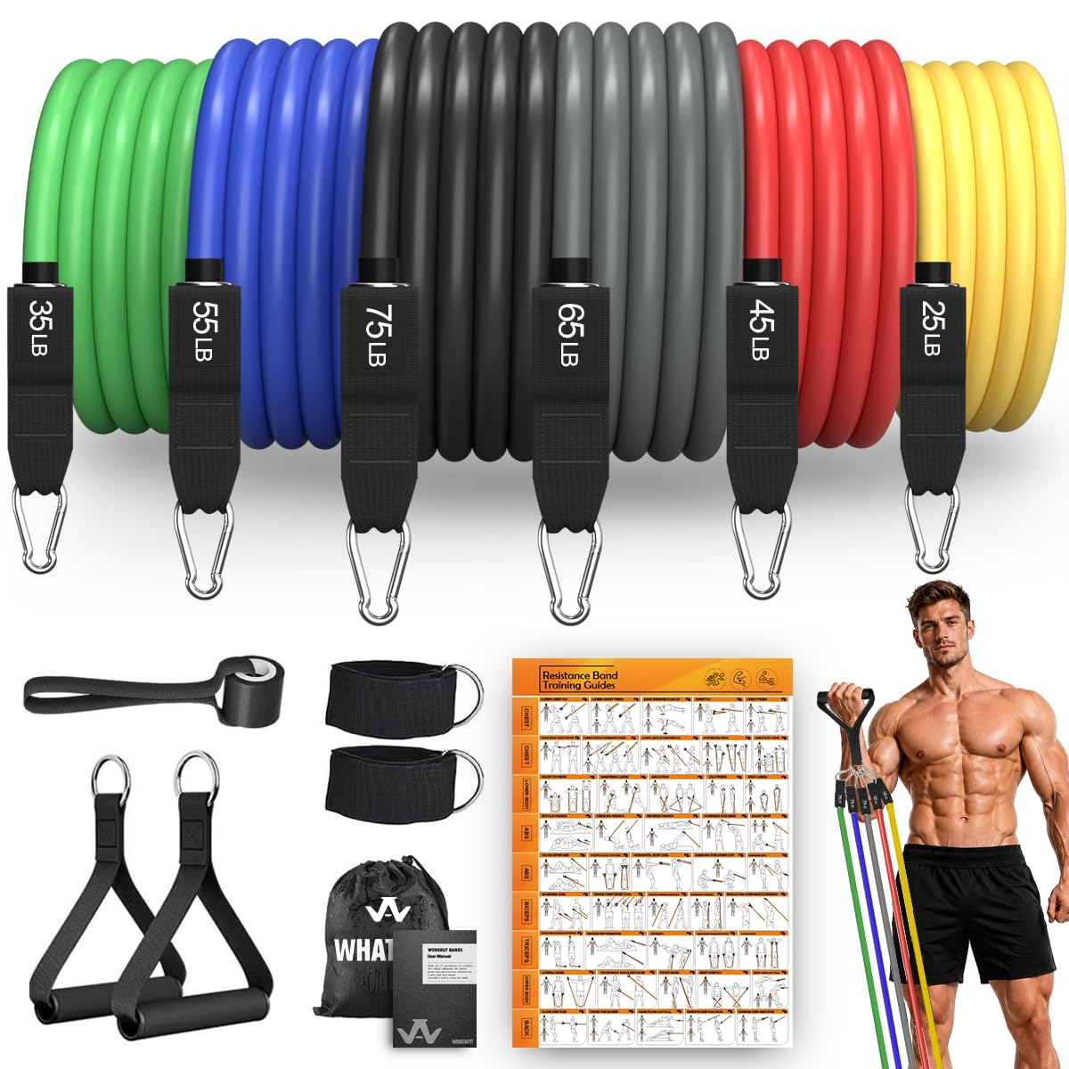 WHATAFIT 11er Widerstandsbänder Set, Fitnessbänder, Gymnastikband, Theraband, Terrabänder, Resistance Bands, Fitnessgeräte für Zuhause mit Zubehör für Physiotherapie & Heimtraining