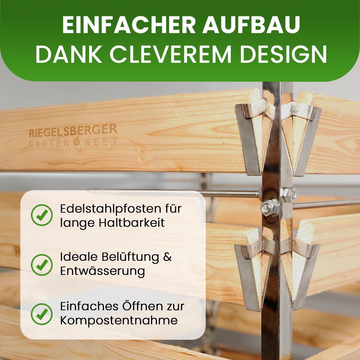 Gartenwelt Riegelsberger Komposter aus Lärche 100x100 cm Höhe 80 cm | Eleganter Komposter Single mit Edelstahlpfosten | Witterungsbeständig, stabil & langlebig