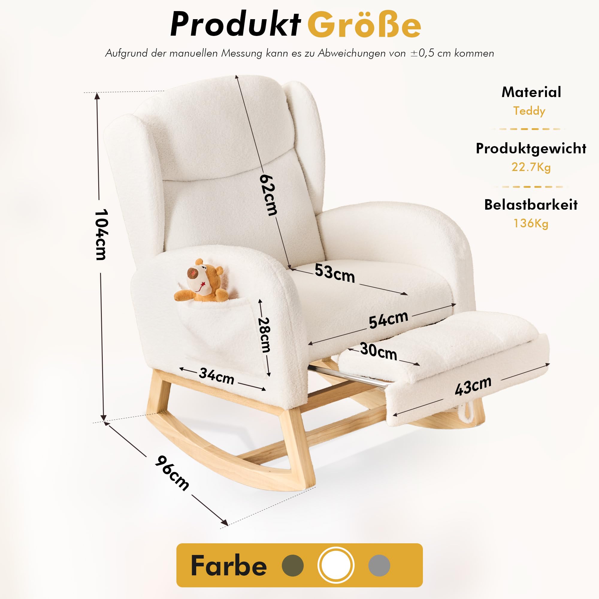 DEKKETO Schaukelstuhl mit Fußstütze, Großem Sitz und Seitentasche, Stillsessel Stillstuhl mit Ausziehbarer Beinauflage, Hoher Rückenlehne Rocking Chair für Wohnzimmer Innen, Teddy-Stoff, Weiß