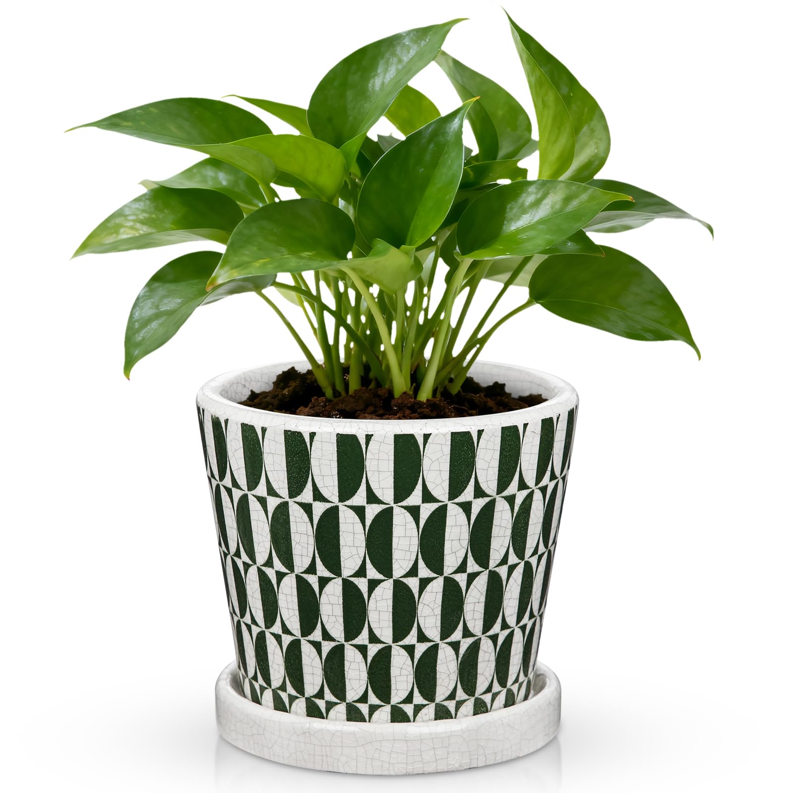 Oairse 14cm Green and White Ceramic Plant Pot with Drainage Hole & Saucer, Crackle Glaze Flower Pot for Indoor Plants, Decorative Planter for Home, Office, Windowsill, Outdoor