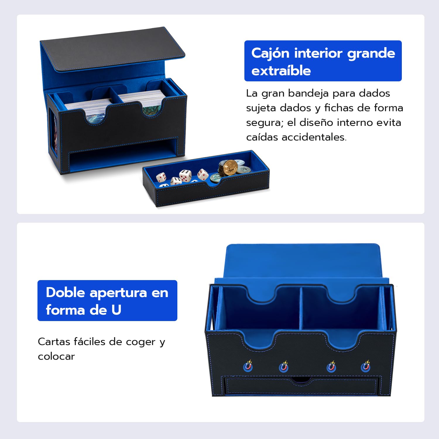 Caja De Tarjetas De Doble Capa para MTG, con Cajón De Dados, 2 Ventanas Laterales, Caja De Cubierta Magnética con Capacidad para Más De 300 Tarjetas para Tarjetas Commander TCG - Azul Negro