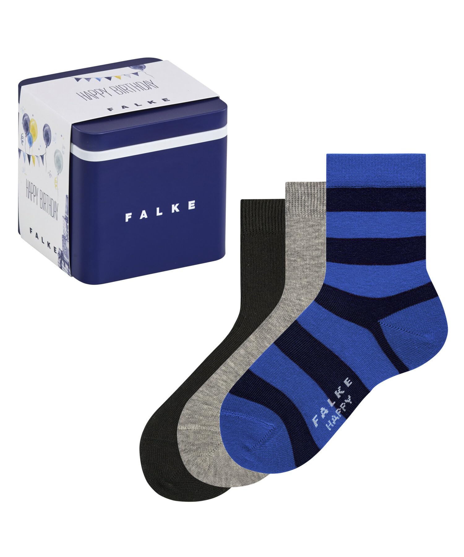 FALKE Unisex Kids Happy Triple Pack Giftbox K So Cotton Patterned 3 Pairs Socks, Multicolor Blue Grey Mix 0020, 12-2.5
