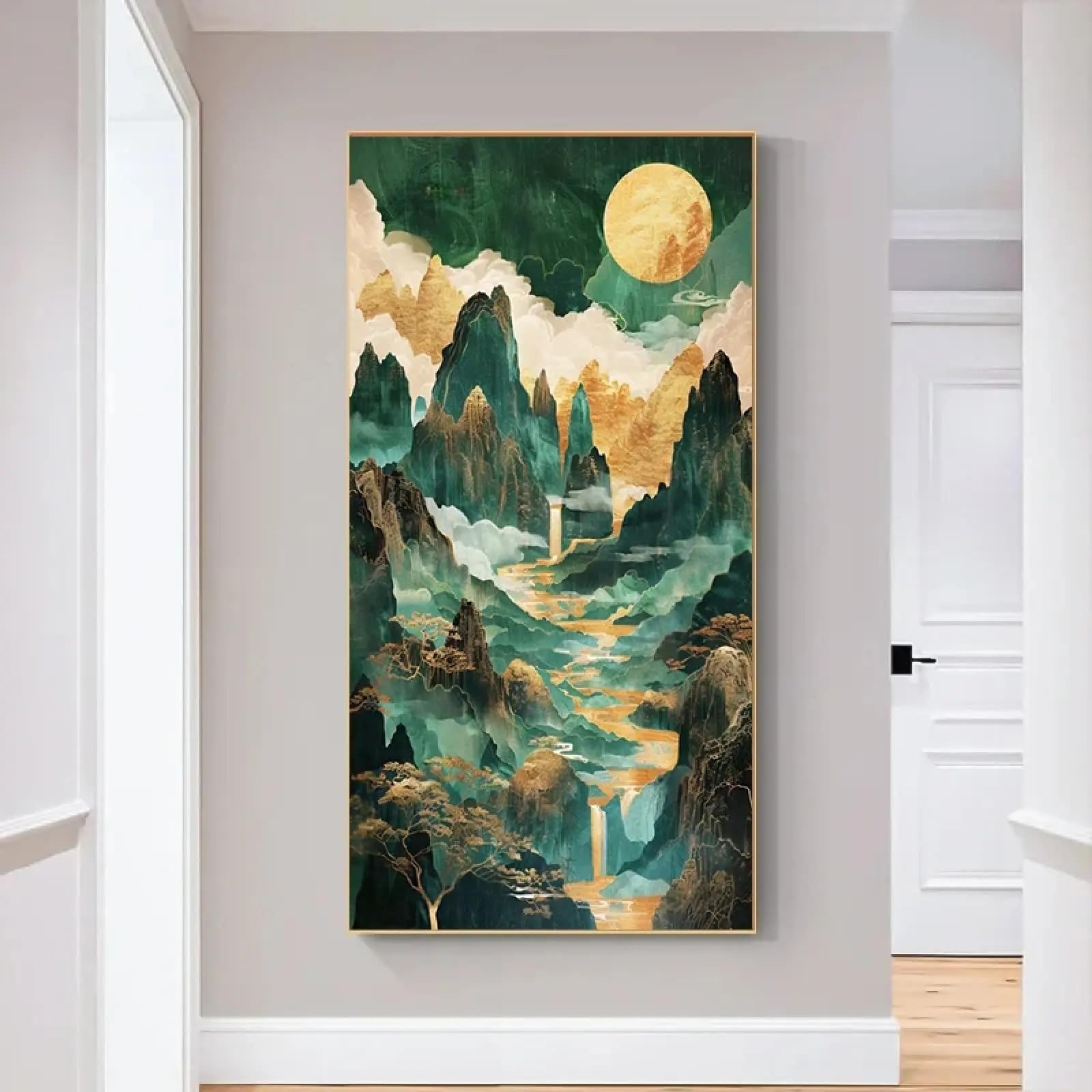 Toile abstraite soleil vert et doré de qualité artistique
