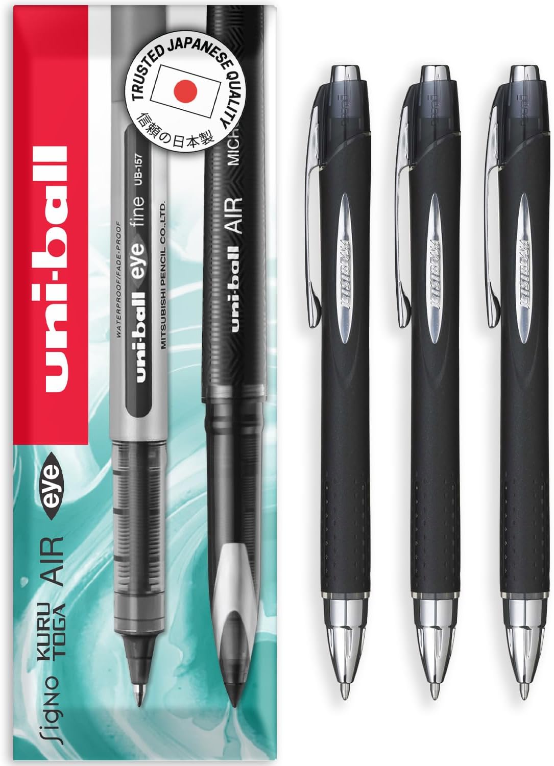 uni-ball SXN-210 Jetstream RT Rollerball Pens, Black Smudge Resistant and Tamper Free Ink, 1.0mm Ball, Rubberized Grip, Package of 3