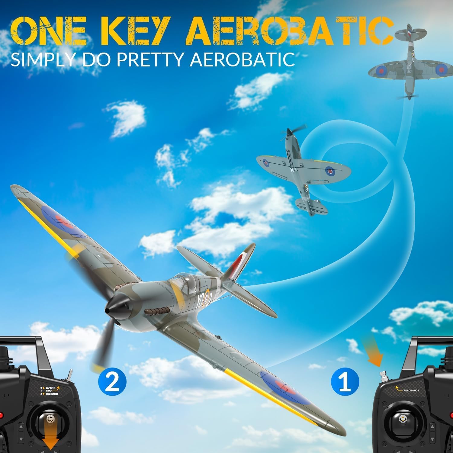 volantexrc Avión RC, Avión de Combate Spitfire V2 con Radio Control de 4 Canales RTF, con Alerones, Giroscopio, Acrobacias y 3 Modos para Vuelo Fácil, Aeronave para Hobby para Principiantes y Adultos
