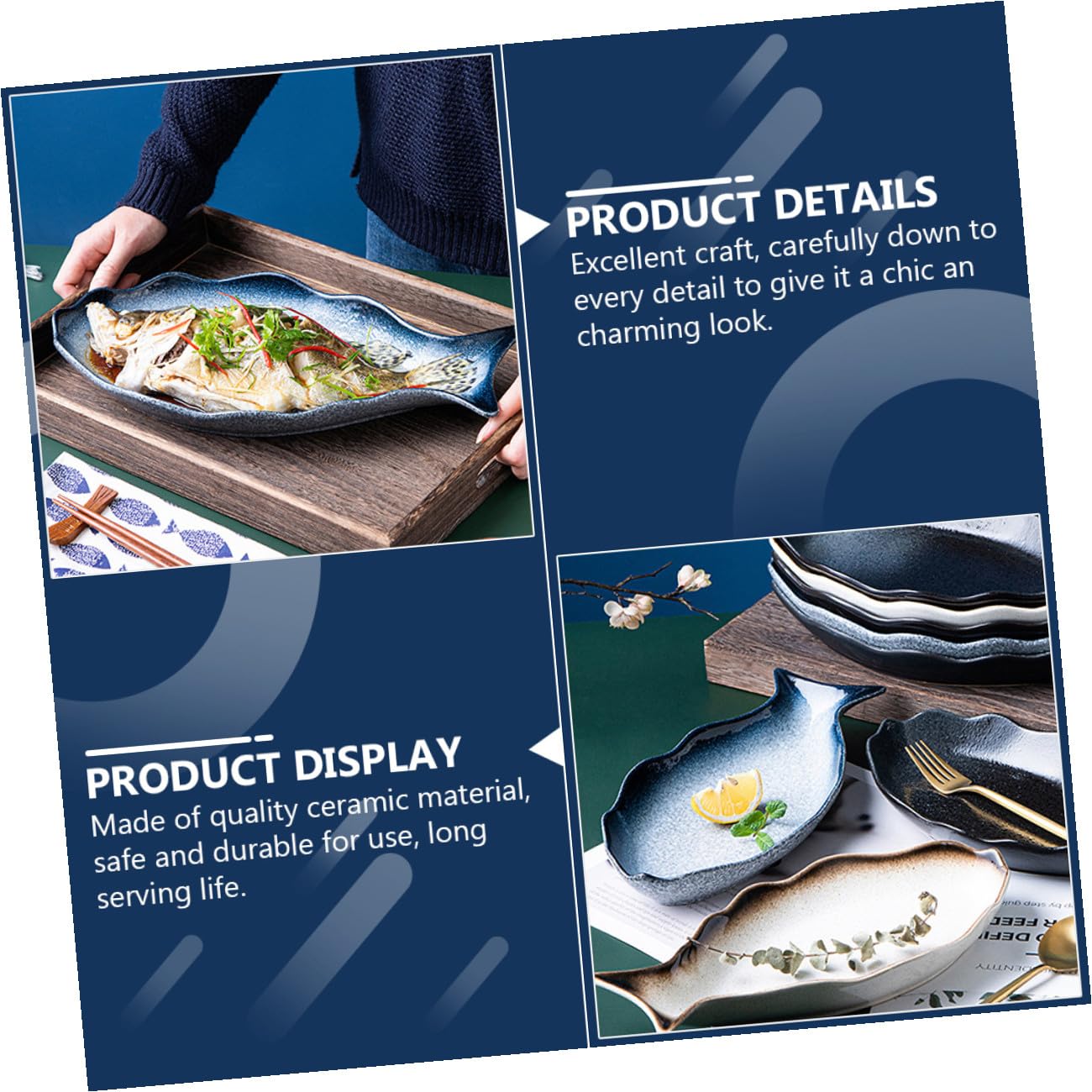 INOOMP Piatto per Pesce in Ceramica, Forma di Pesce, Vassoio da Portata | Cucina e Tavola Festiva, per Antipasti e Frutti di Mare, Design Elegante e Delicato