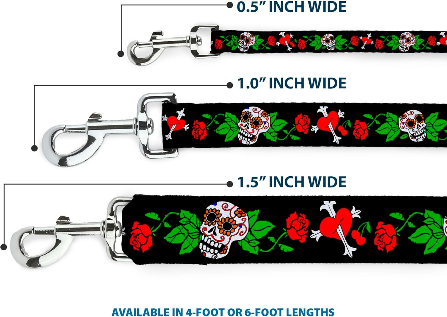 Dog Leash Sugar Skull Roses Heart 6 Feet Long 1.0 Inch Wide