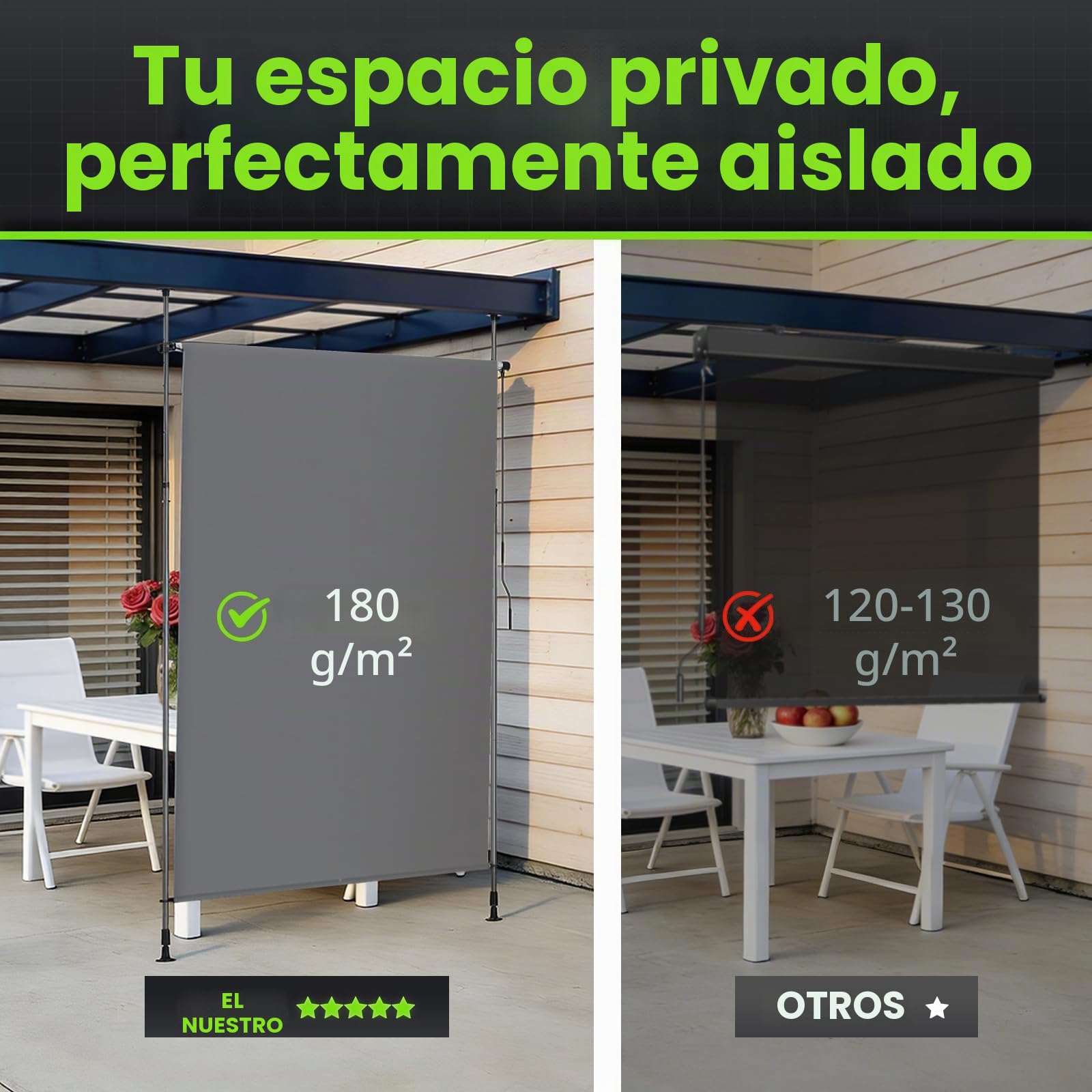 YEAUPE Pro - Toldo Vertical Exterior Solar 200 x 270 cm, Color Negro Gris, sin taladrar, Estor de Pinza con manivela, Adecuado para balcón, terraza, Exterior y jardín, Resistente a la Intemperie