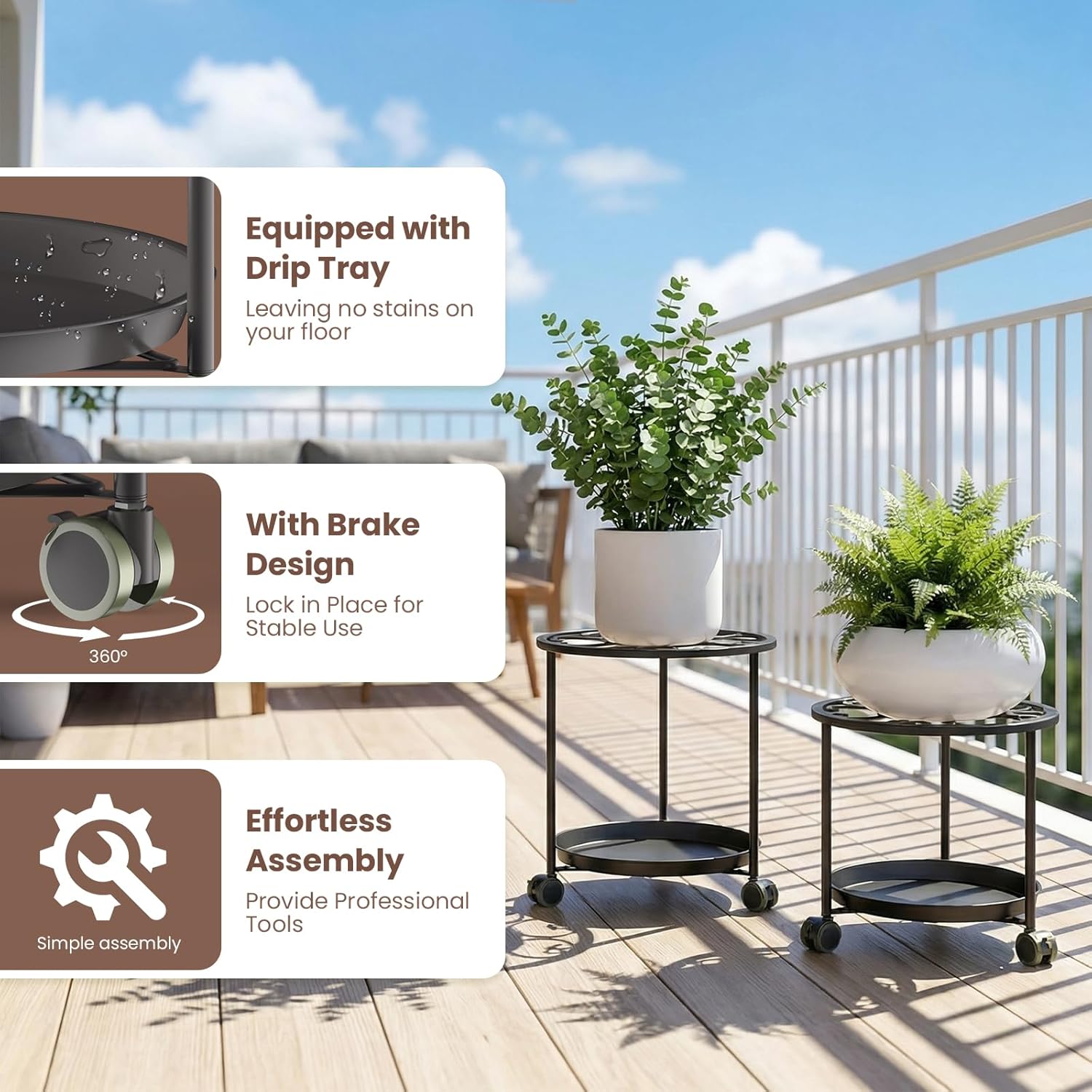 TOSKING 2-Pack Black Round Rolling Plant Caddies with Water Tray – Metal Stands with Wheels, Elegant Floral Pattern, for Indoor Planters (14" & 12")
