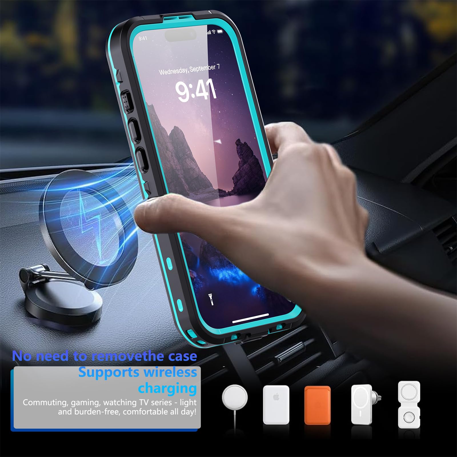 Wodoodporne etui do iPhone'a 17 Pro Max/17 Pro/17 Air/17, kompatybilne z MagSafe z certyfikatem IP68, podwodne, w pełni uszczelnione etui z wbudowaną osłoną ekranu (niebieskie, iPhone 17)