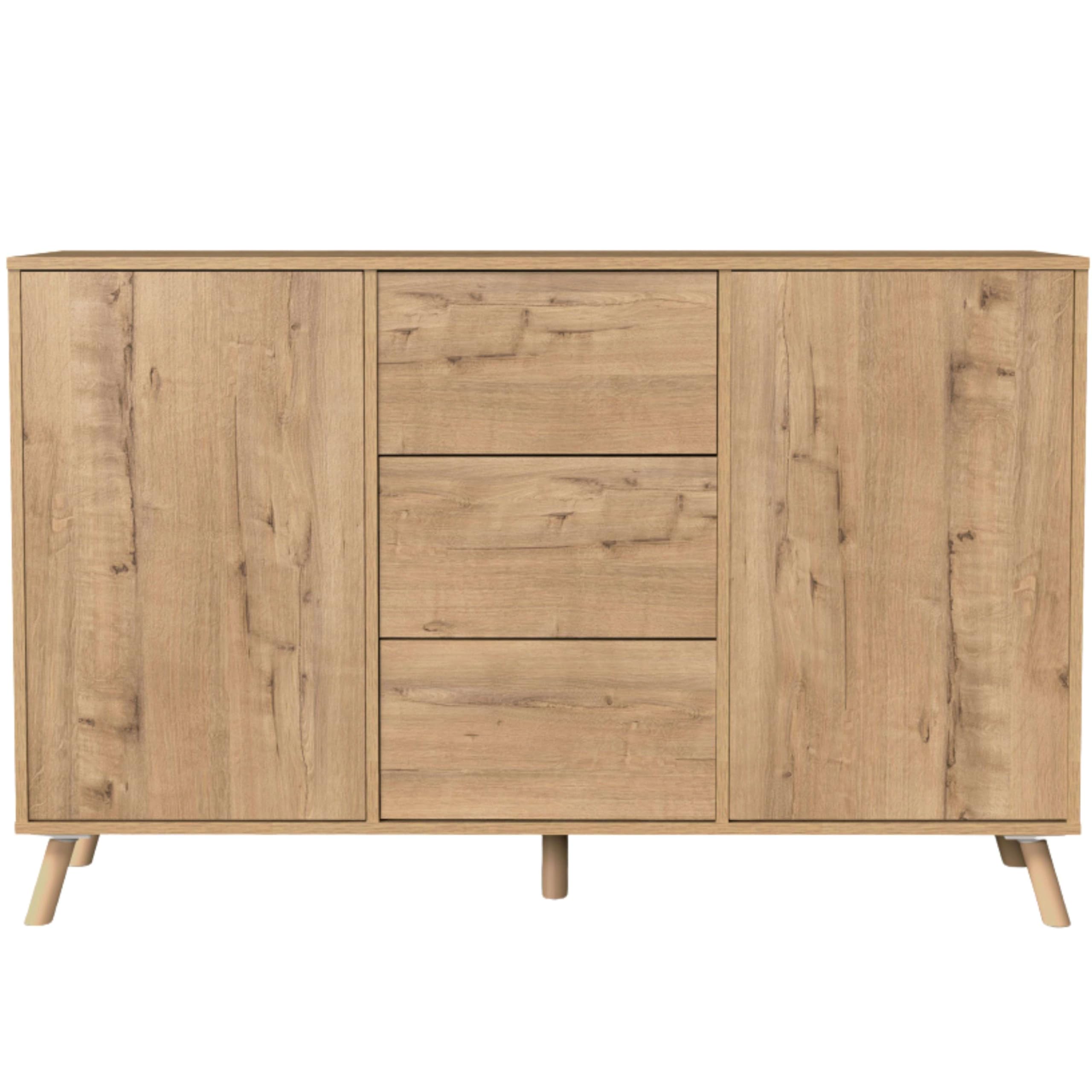 Muebles Pitarch | Aparador salone da pranzo, buffet, mobile ausiliario, 2 ante e 3 cassetti, rovere gold, 89x140x40 cm, dispensa, cucina, ufficio, moderno nordico, modello Oslo