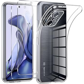 Phoona Mobile Phone Case for Xiaomi 11T 5G/Xiaomi 11T Pro 5G Case with 2 Pieces Tempered Glass Screen Protector Thin Soft TPU Silicone Transparent Shockproof Protective Case for Xiaomi 11T 5G Case Clear Scratch-Resistant