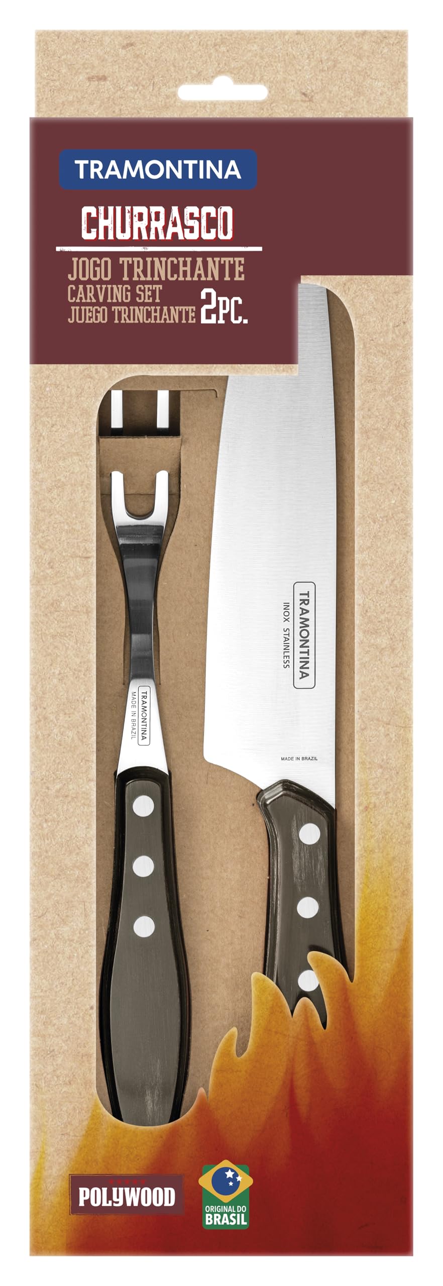 TRAMONTINA - Juego de Cubiertos Churrasco, para Carne, en Acero Inoxidable y Mangos de Madera Polywood en Color Castaño, Utensilios con Remaches, 2 Piezas