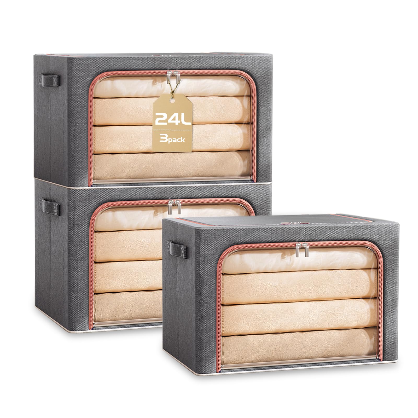 Storage Boxes Organiser, 24L Clothes Storage Boxes with Metal Frame＆Top and Front Opening Zip with Clear Window,Fabric Foldable Storage Boxes Wardrobe Storage Organiser for Bedding,Clothes-Beige