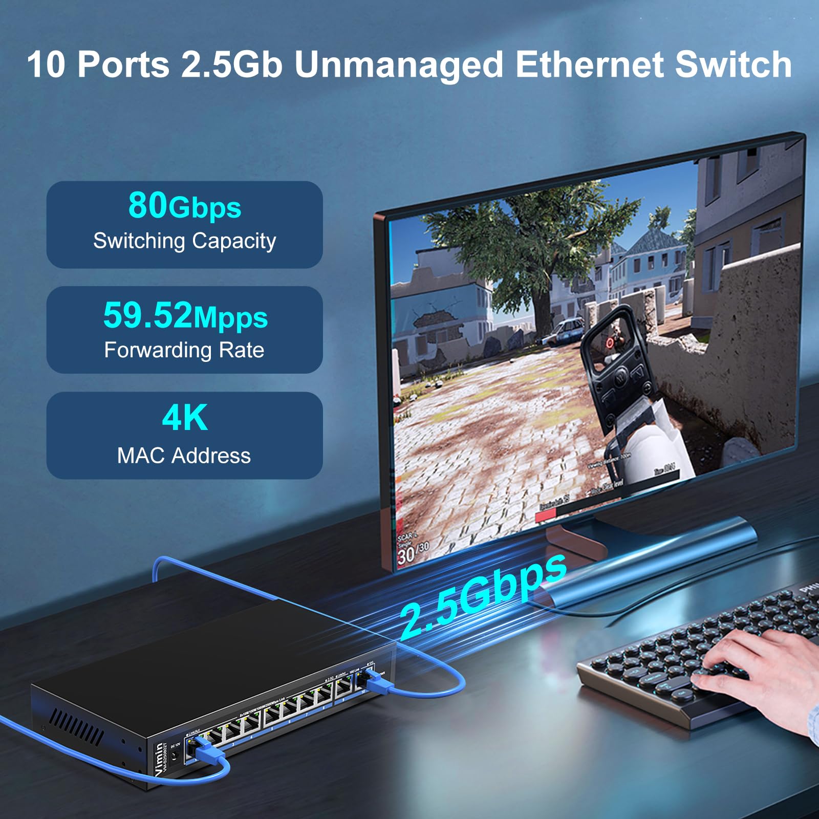 10 Port 10G/2.5G Ethernet-Switch mit Dual 10GBASE-T, Vimin 8x 2.5G + 2 x 10Gb RJ45 Ports Unmanaged Switch, 80 Gbit/s Kapazität, 10G Switch Desktop Wandmontage-Netzwerk-Switch für NAS, PC, Access Point