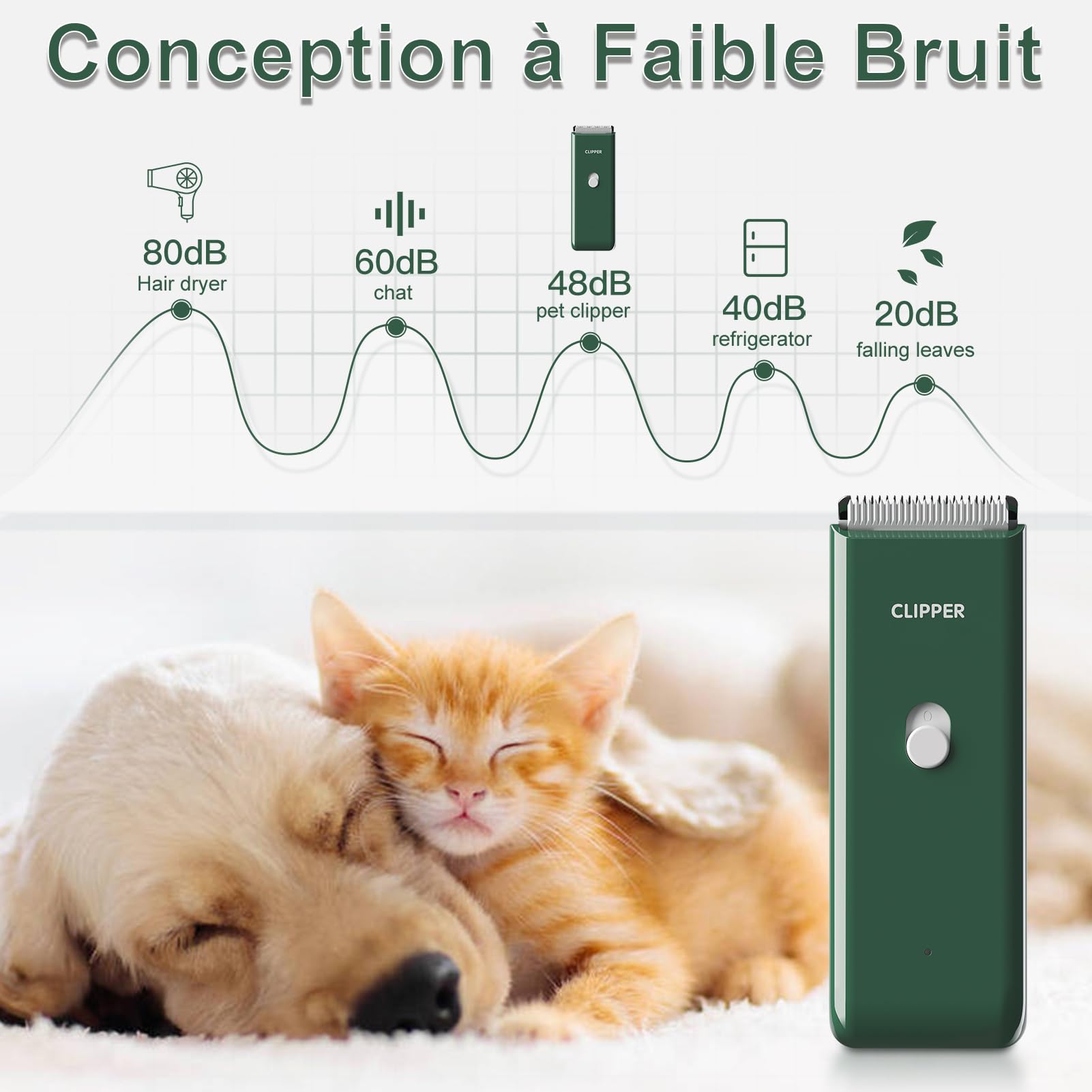 Tondeuse à cheveux professionnelle pour chien silencieuse avec lame en céramique, étanche IPX7 Vert
