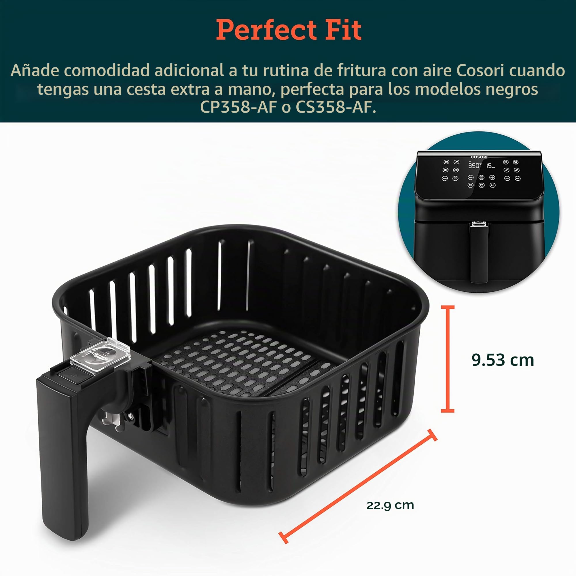 COSORI Cesta de repuesto para freidora de aire de 5.8 cuartos de galón para freidoras de aire CP358 y CS358, cesta antiadherente para freír, apta para lavavajillas, color negro