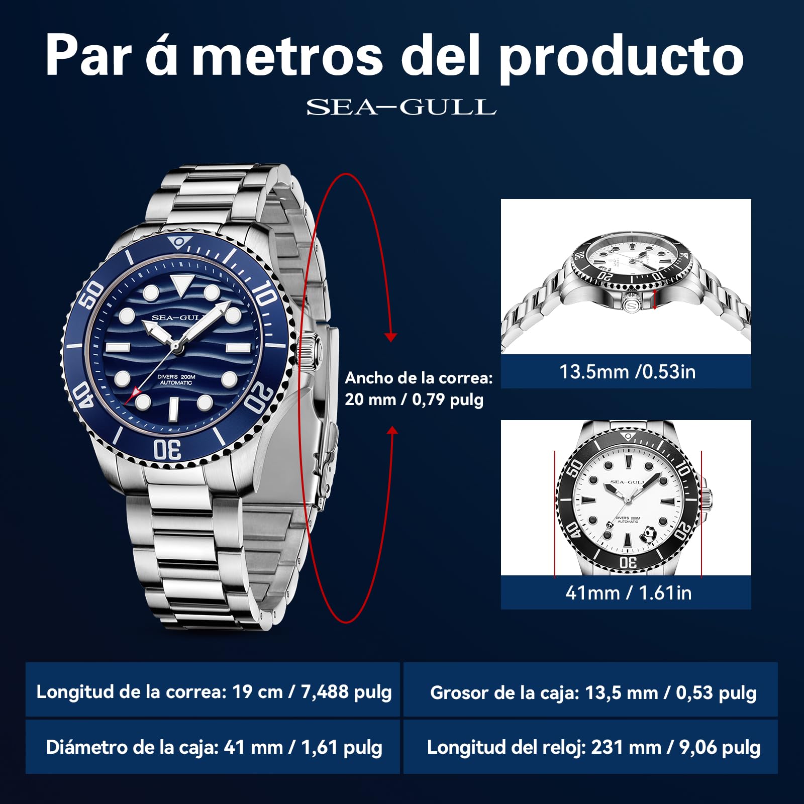 Sea Gull Reloj automático de Buceo para Hombre, Resistente al Agua de 200 m, Cristal de Zafiro, Pulsera de Acero Inoxidable 316L, Caja Trasera grabada de Pulpo