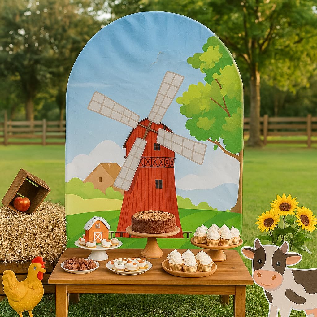 Red Farm Barn Arch Backdrop Cover Kids Red Farm Birthday Chiara Backdrops Decorations Arched Wall Covers Stands Display Props Farm Party Banner GX231 3ft * 6.5ft