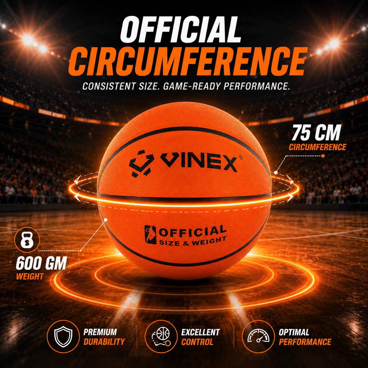 Vinex Impulse Basketball Size 6, Moulded Natural Rubber Basketball with Nylon Winding, Durable Grip & Bounce, Rubber Bladder for Indoor Outdoor Training and Play, 600 g with Free Air Needle 2