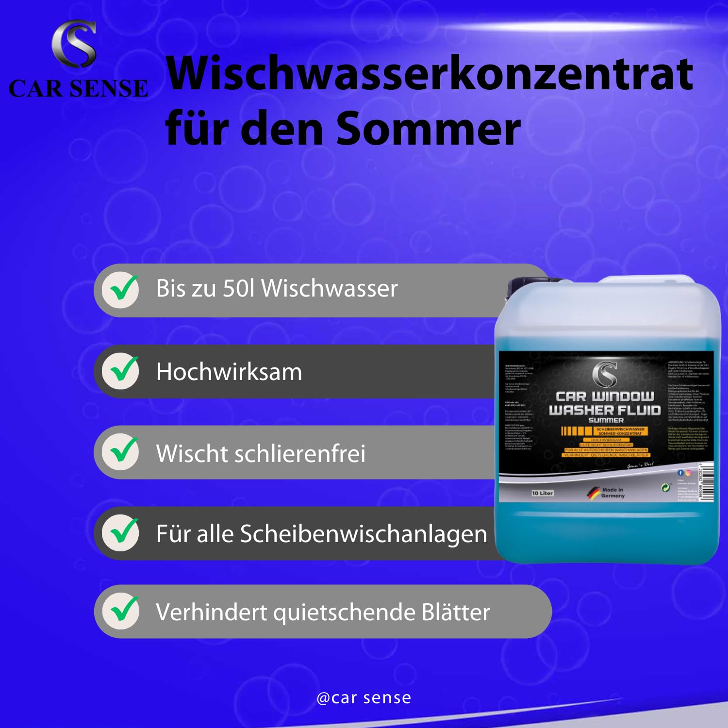 Car Sense Scheibenwischwasserkonzentrat Sommer [10L] - bis zu 1000L Wischwasser - Hochwirksam & ohne Schlieren, Wischwasser Auto Sommer, Scheibenreiniger Konzentrat