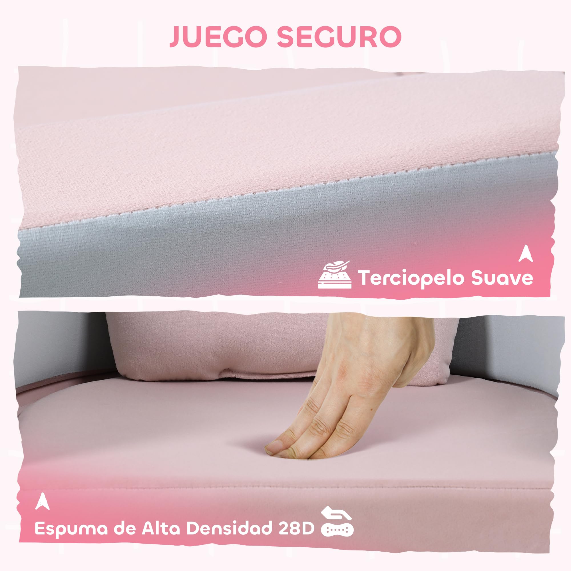 AIYAPLAY Sofá Infantil Convertible, Sofá para Niños con Cojín de Corona, Plegable en Cama y Zona de Juego, Tapizado de Terciopelo Suave, para Niños 18-36 Meses, Rosa y Azul Grisáceo