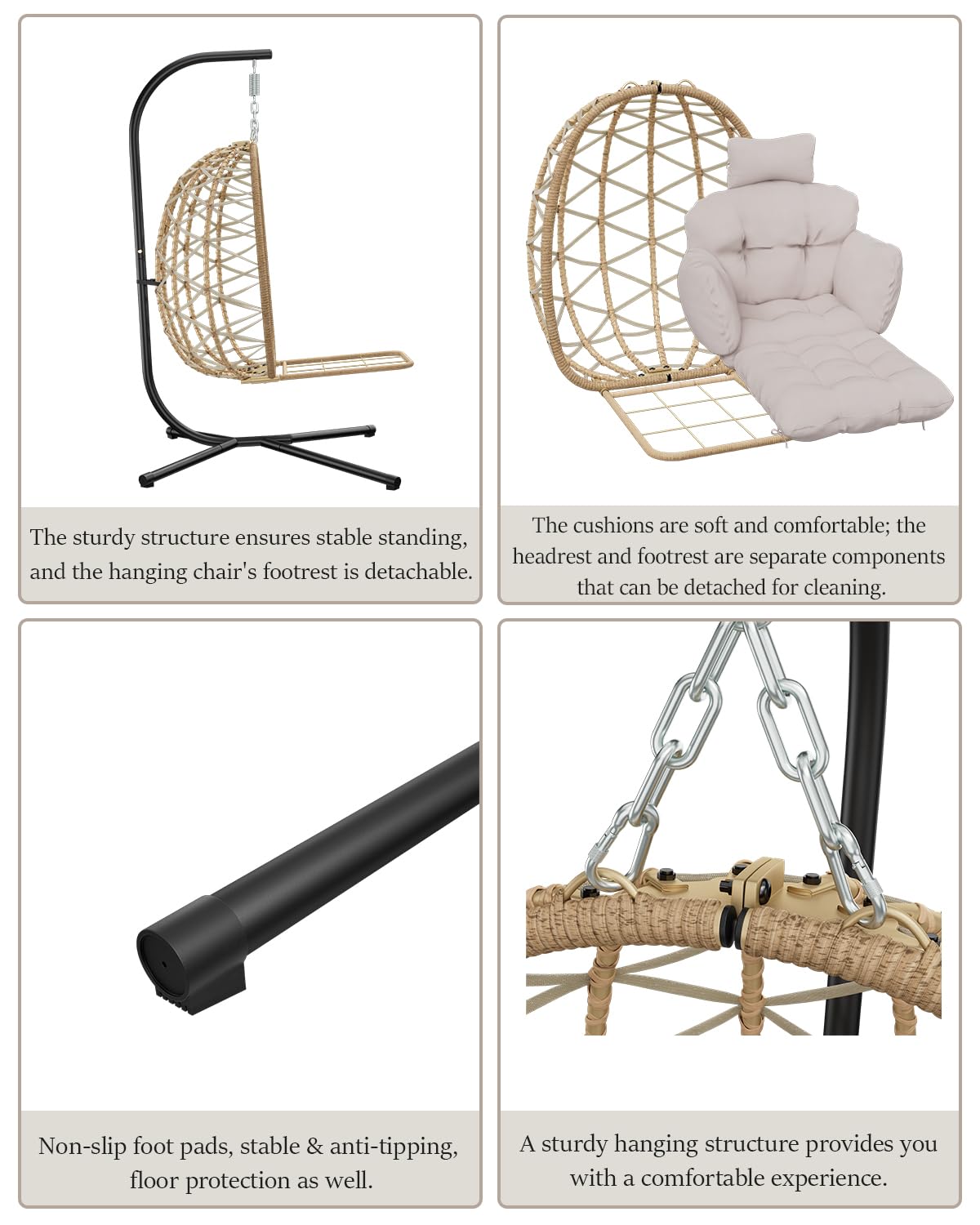 Hängesessel mit Gestell Outdoor, Hängekorb Sessel mit Fußablage und Dicke Kissen, Rattan Hängesessel mit Metallgestell, Hängestuhl für Indoor, Garten, Balkon, Terrasse, Bis 150kg