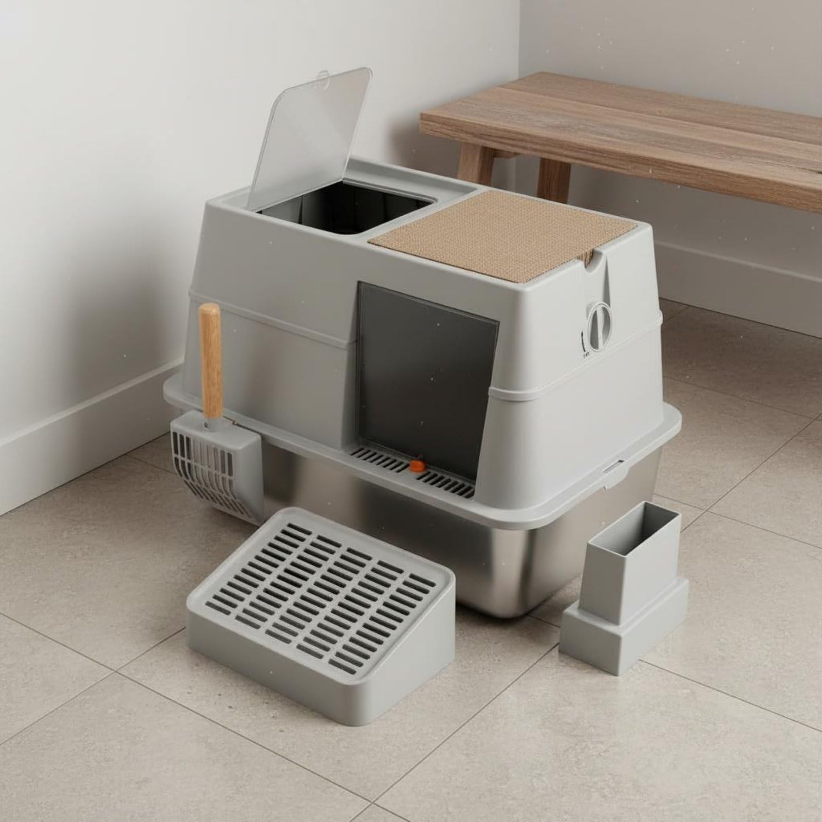 Contenedor de Residuos Encerrado para Gatos Caja de Arena Baño para Gatos Arenero con Control de Olores y Construcción, 60 X 40 X 40.5 Cm, Caja De Arena Cerrada con Entrada Frontal