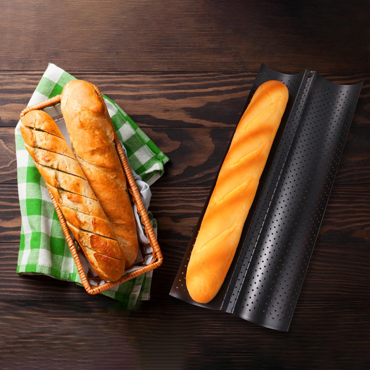 Plaque à Baguettes 2 Moules, Moule Pain Français Perforé et Antiadhésif, Gouttière de Cuisson Vague pour Mini Baguette Maison, Accessoire de Boulangerie Noir Tôle Acier