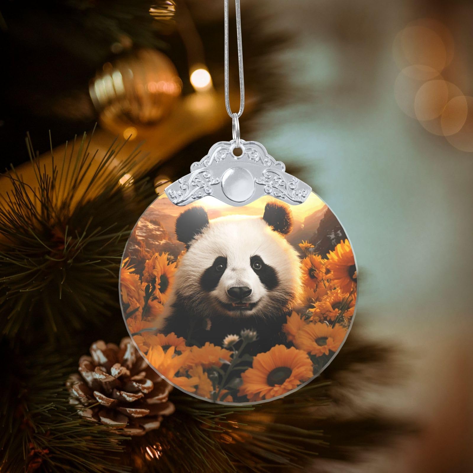 Crystal Christmas Ornaments for Christmas Tree Decoration Hanging Panda and Sunflower Ornament with Gold Ribbon Crafts Round Pendant for Keepsake Gifts Glass Xmas Decor Party Supplies