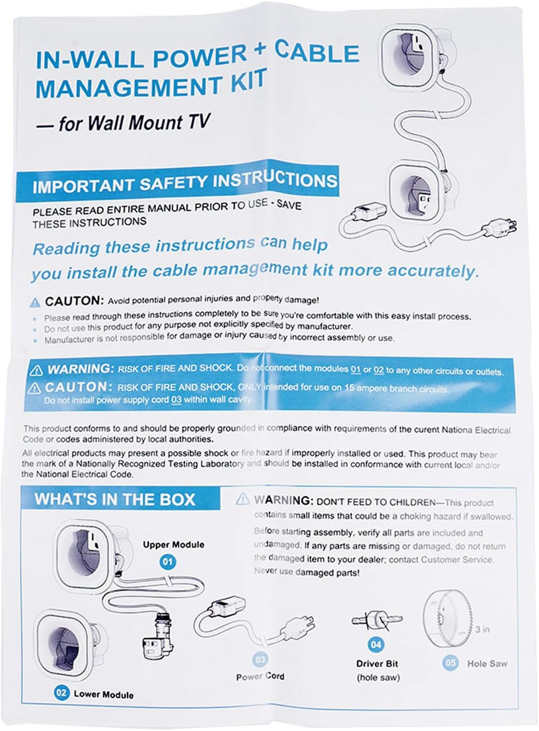 in-Wall TV Cable Hider Kit for Neat Appearance w/Power & Low Voltage Cable Management, Includes Hole Saw Drill Attachment for Easy Mounting