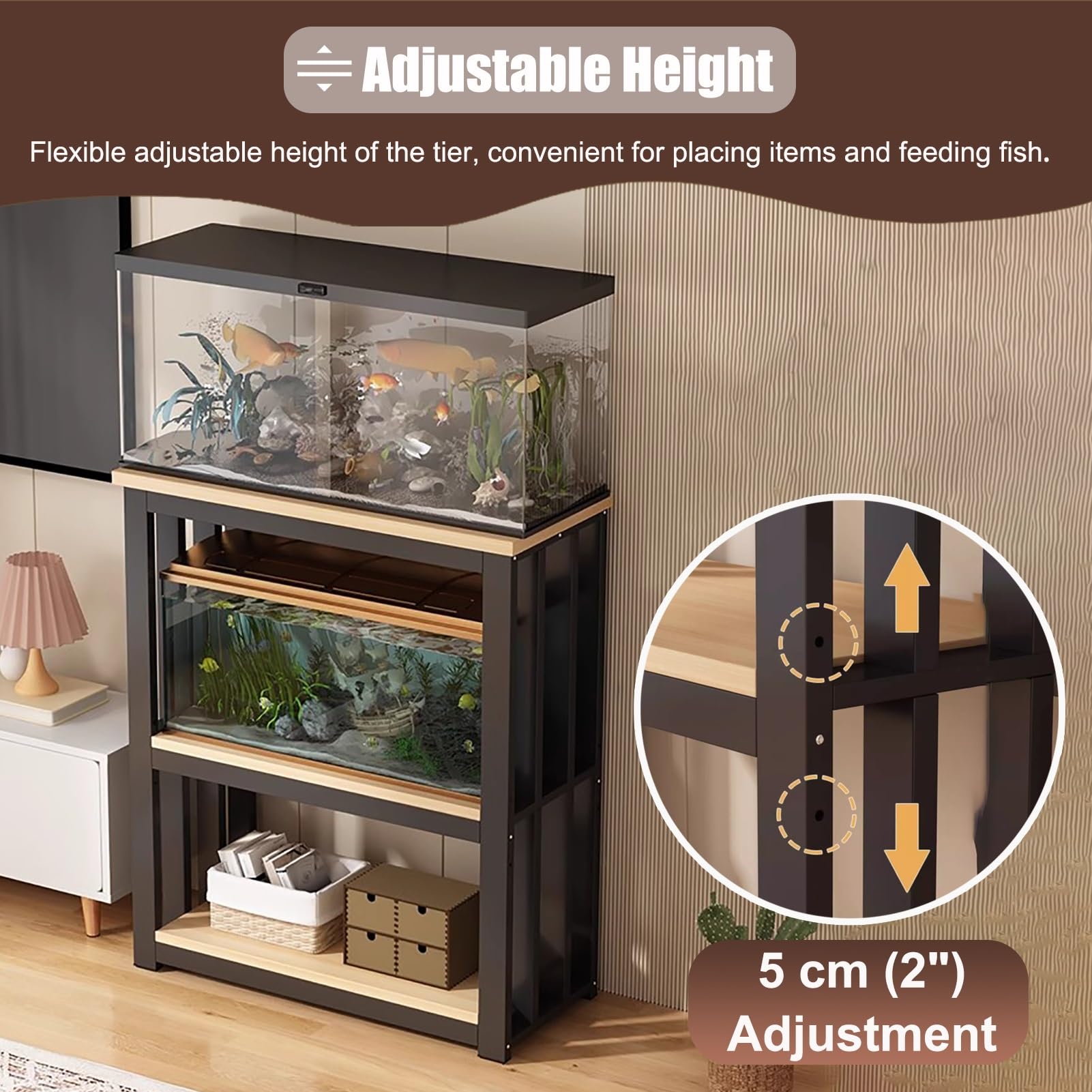 Roboter Kehrtisch Endschrank für Aquarien, Schwermetall, Aquariumständer mit Zubehör, bodenstehender Reptilien-Tankschrank für 2 Rassen, Hellbraun, Schwarz, 65 x 40 cm