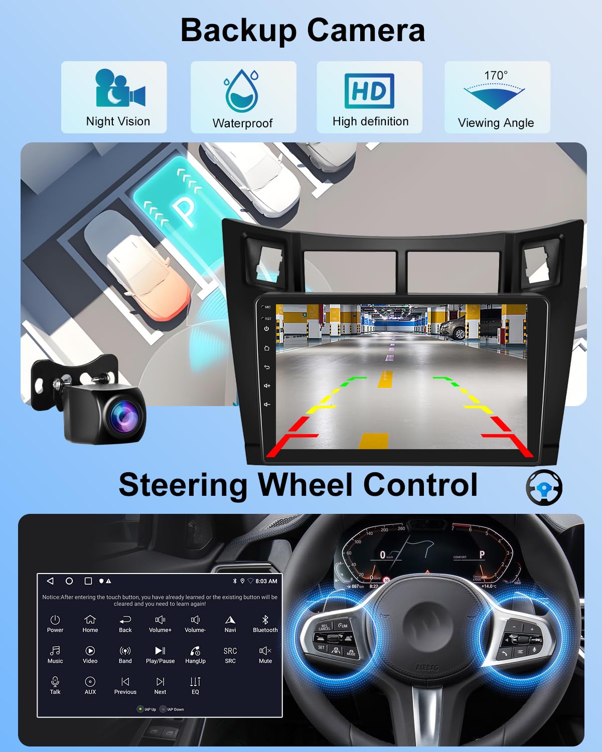 NHOPEEW 2G+64G Android Autoradio per Toyota Yaris 2005-2011 - Senza fili Carplay e Android Auto - 9 pollici Stereo con WiFi GPS FM RDS + Telecamera posteriore&Mic