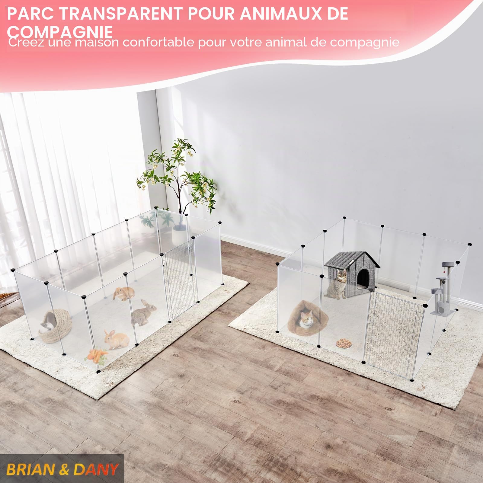BRIAN & DANY Enclos Lapin Interieur, Enclos Modulable Parc pour Lapins, Cochons d'Inde, Hamsters, Chiot, Cochon, Chaton, 12 Panneaux, 180 x 90 x 75 cm, Fumée