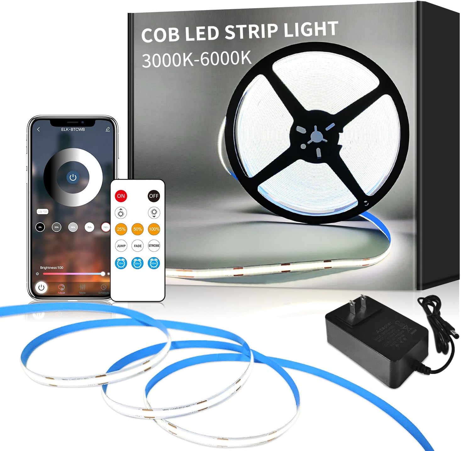 NOT TESTED COB LED Strip Lights 6000K 16.4ft DC 24V Dimmable White Flexible LED Tape Light for Bedroom, with Remote and app Control LED Tape Lights,for DIY Home Decoration White 16.4ft
