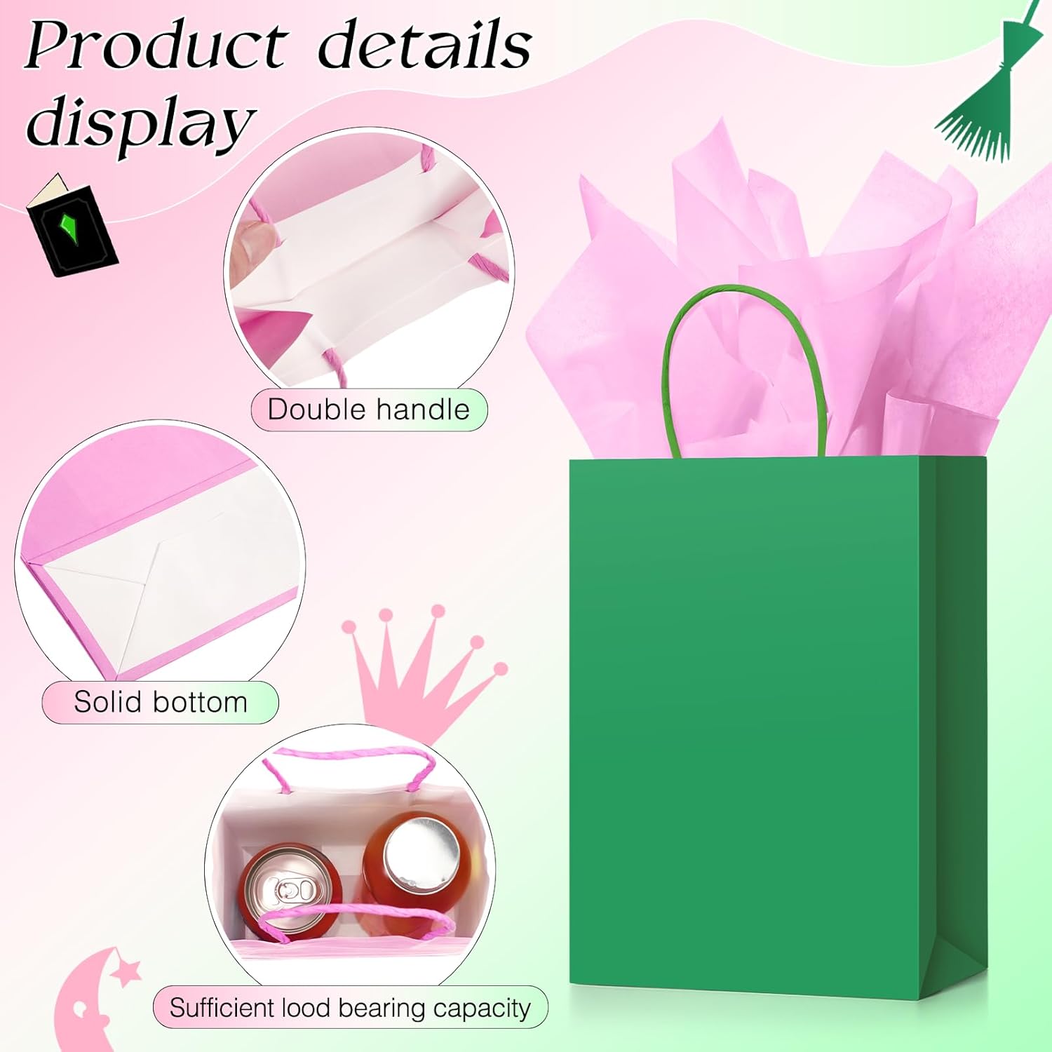 Geyoga 36 Pack Pink and Green Party Decorations Party Gift Bags with Handle Tissue Paper 8.3 x 5.9 x 3.15 Inches Witch and Princes Treat Bags Witch Theme Supplies - Image 3