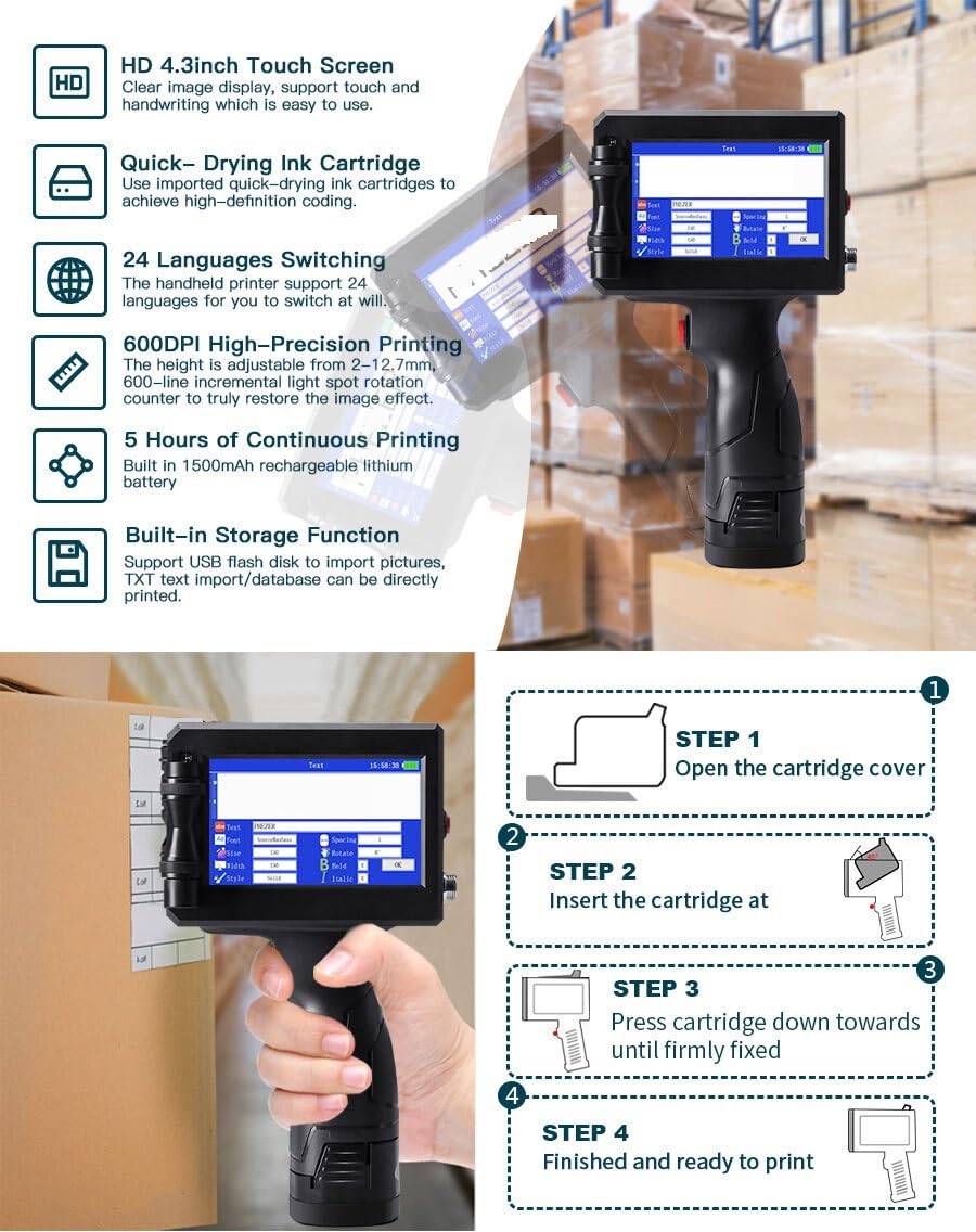 Stampante a getto d'inchiostro portatile, Stampante for etichette portatile a getto d'inchiostro for codici a barre in lotti for identificazione digitale 12,7 mm(With 1 Cartridge-A)