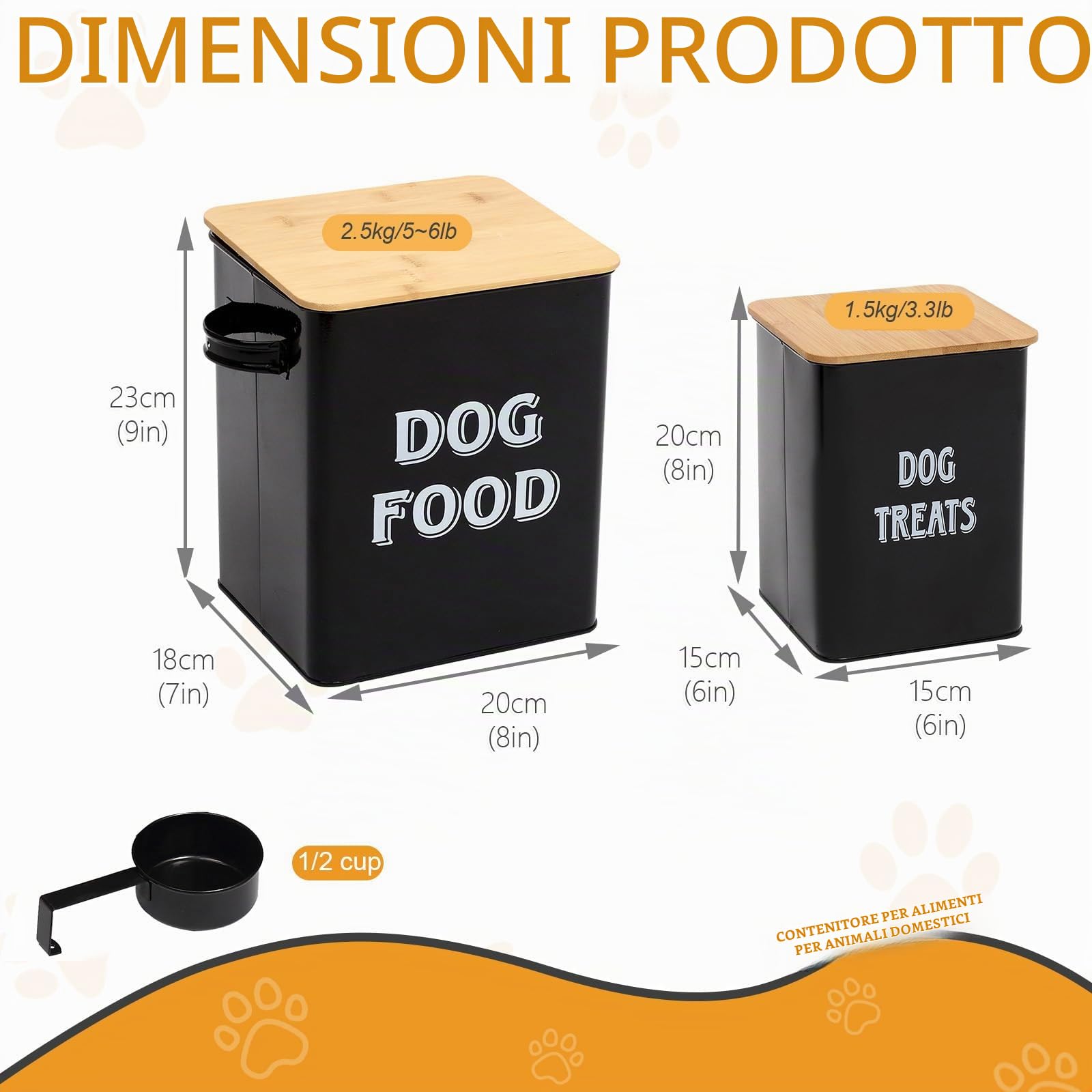 Pethiy Set di contenitori (2 pz) per alimenti per animali domestici, in acciaio al carbonio rivestito, coperchio in legno a tenuta stagna, con paletta, per Cibo secco per Cani-Nero