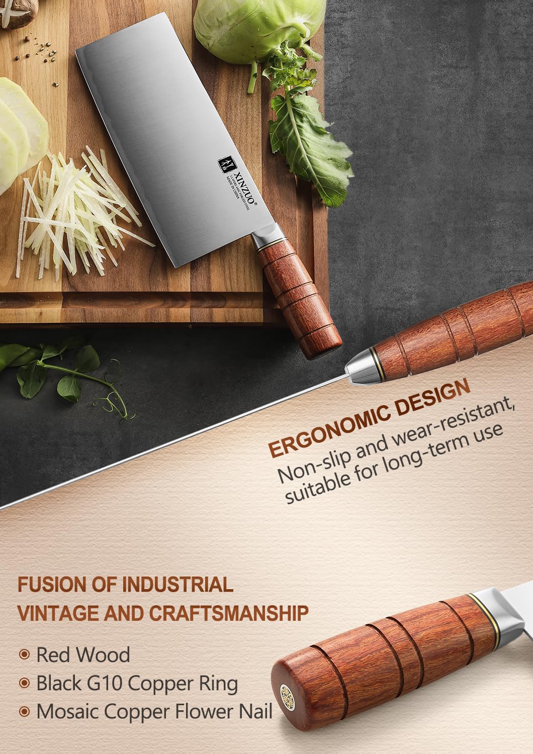 XINZUO 20,5cm Coltello da Cuoco Cinese Acciaio Composito 3 Strati Coltello da Chef Multifunzione -Professionale Acciaio Inossidabile Tagliente Mannaia Cinese -Manico Ergonomico in Red Wood