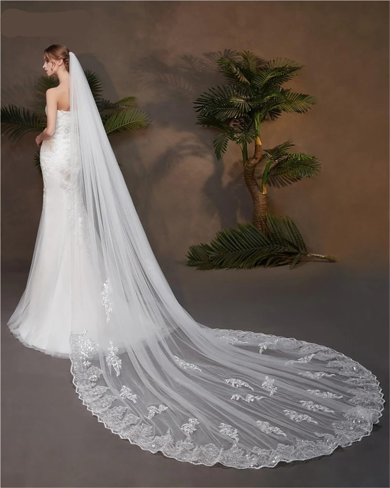 Generico Veli da sposa con applicazioni in pizzo e paillettes da 3 metri, accessori da sposa a 1 strato, copricapo da sposa, Novia Velos Welon