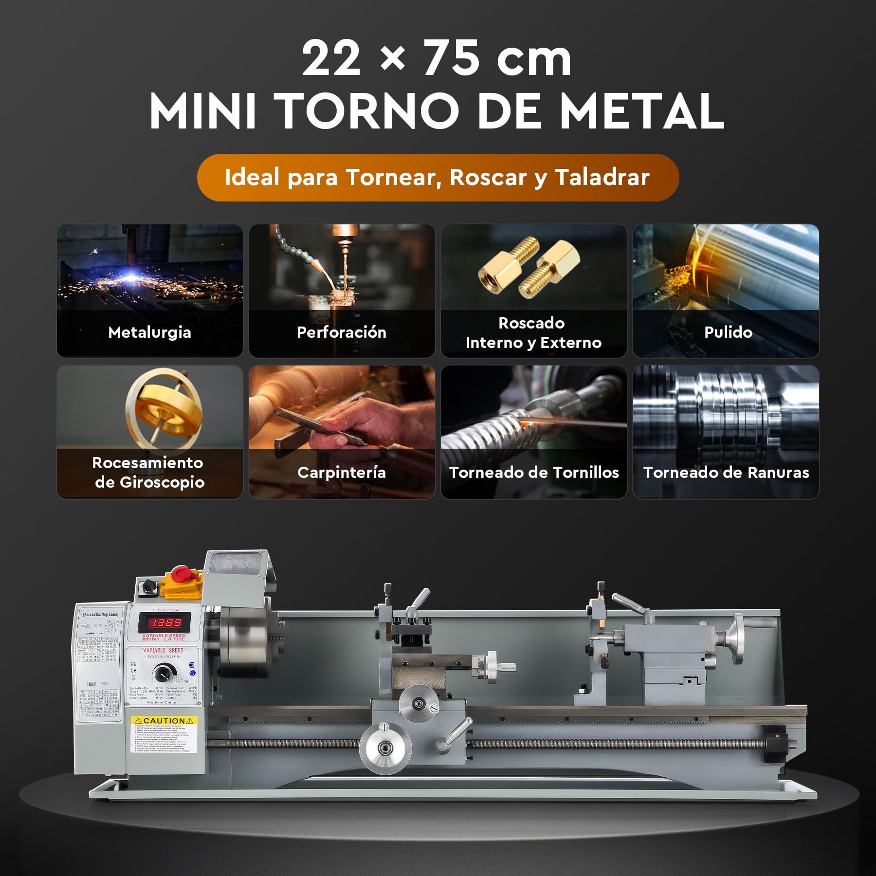CREWORKS 1100W Torno de Metal, 220X750MM Torno para Metal de Sobremesa con Máx. Velocidad 3000 RPM, Torno de Metal con Pantalla Digital para Torneado de Metales para Roscar, Tornear