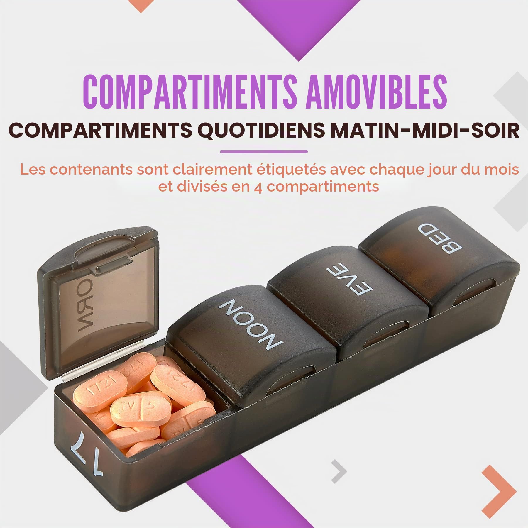 Pilulier mensuel - 4 fois par jour matin-midi-soir-nuit - Grands piluliers quotidiens 32 avec compartiments pour vitamines, suppléments, médicaments - Pilulier mensuel de voyage, noir