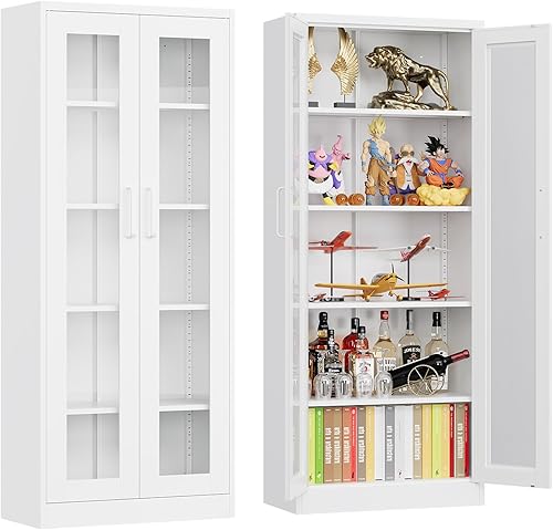 Miniatura 43 de Vitrina con cerradura con puerta de cristal, gabinetes Curio de metal de 71 pulgadas de alto con estantes ajustables, vitrina de licor blanco para