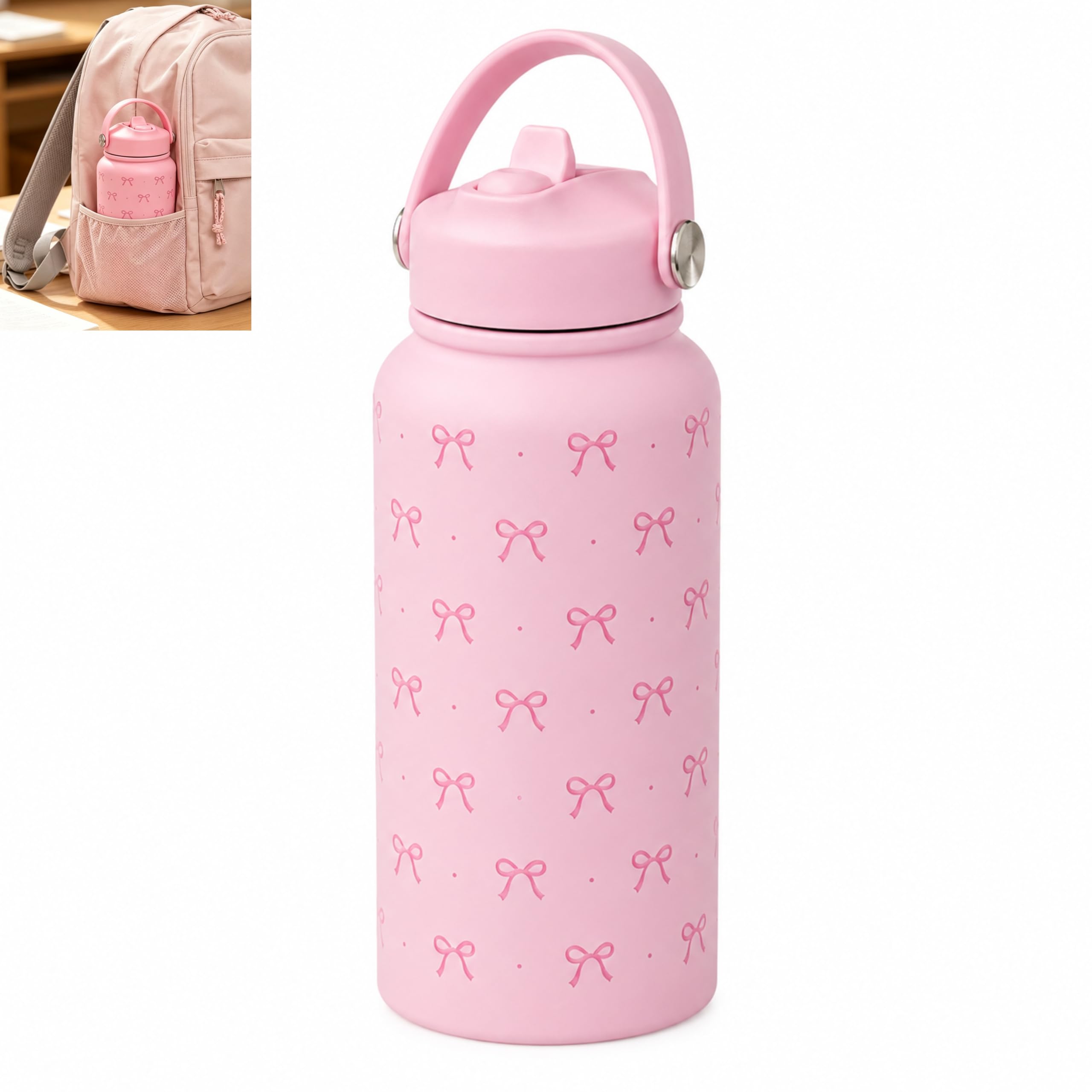Pink Bow Water Bottle 1000ml, Insulated Flask with Straw